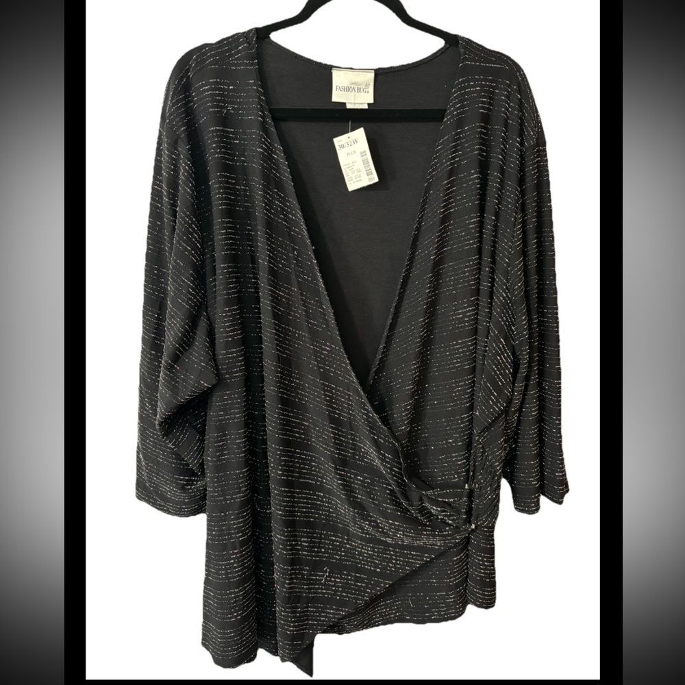 NWT Fashion Bug Black Silver 30/32 Women’s Top Faux Wrap Shirt USA Dressy Party